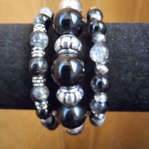 Elegant Black and Silver Beaded Bracelet Set